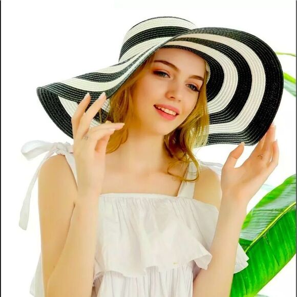 SUPER CHIC Striped Wide Brim UV Protection Summer Beach Sun Hat Adjustable - Picture 2 of 11